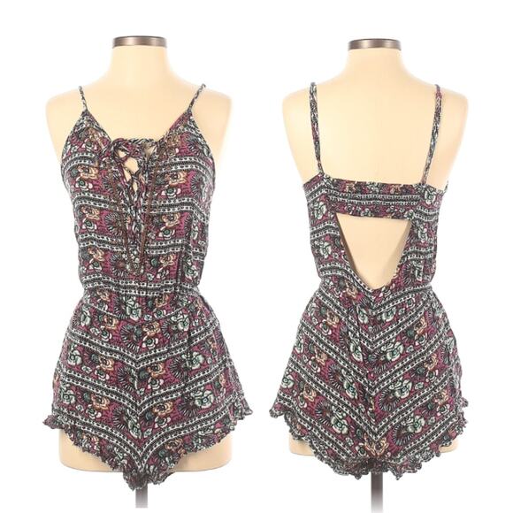 American Eagle Romper Tie Up Sequin Front Cut out Open Back Floral Stripe Ruffle - Picture 1 of 8